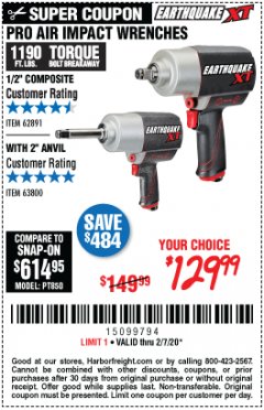 Harbor Freight Coupon EARTHQUAKE XT 1/2 IN. COMPOSITE AIR IMPACT WRENCH, 2 IN. EXTENDED ANVIL, TWIN HAMMER, 1190 FT. LBS. Lot No. 63800 Expired: 2/7/20 - $129.99