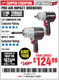 Harbor Freight Coupon EARTHQUAKE XT 1/2 IN. COMPOSITE AIR IMPACT WRENCH, 2 IN. EXTENDED ANVIL, TWIN HAMMER, 1190 FT. LBS. Lot No. 63800 Expired: 1/19/20 - $124.99