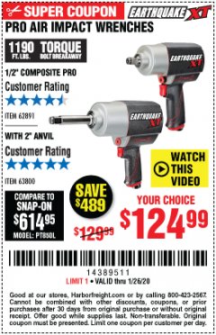 Harbor Freight Coupon EARTHQUAKE XT 1/2 IN. COMPOSITE AIR IMPACT WRENCH, 2 IN. EXTENDED ANVIL, TWIN HAMMER, 1190 FT. LBS. Lot No. 63800 Expired: 1/26/20 - $124.99