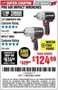 Harbor Freight Coupon EARTHQUAKE XT 1/2" PRO AIR IMPACT WRENCHES Lot No. 62891/63800 Expired: 1/26/20 - $124.99