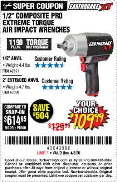 Harbor Freight Coupon EARTHQUAKE XT 1/2 IN. COMPOSITE AIR IMPACT WRENCH, 2 IN. EXTENDED ANVIL, TWIN HAMMER, 1190 FT. LBS. Lot No. 63800 Expired: 6/30/20 - $109.99