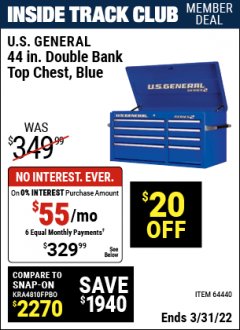 Harbor Freight ITC Coupon 44" DOUBLE BANK TOP CHESTS Lot No. 64438/64439/64440/64280/64293/64158/64435/64436/64437/64957/64958/64959 Expired: 3/31/22 - $329.99