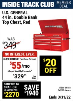 Harbor Freight ITC Coupon 44" DOUBLE BANK TOP CHESTS Lot No. 64438/64439/64440/64280/64293/64158/64435/64436/64437/64957/64958/64959 Expired: 3/31/22 - $329.99