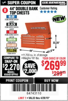 Harbor Freight Coupon 44" DOUBLE BANK TOP CHESTS Lot No. 64438/64439/64440/64280/64293/64158/64435/64436/64437/64957/64958/64959 Expired: 4/28/19 - $269.99