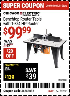 Harbor Freight Coupon BENCHTOP ROUTER TABLE WITH 1-3/4 HP ROUTER Lot No. 95380 Expired: 6/1/23 - $99.99