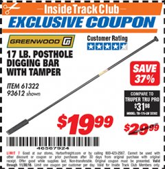 Harbor Freight ITC Coupon 17 LB. POSTHOLE DIGGING BAR WITH TAMPER Lot No. 61322/93612 Expired: 11/30/18 - $19.99