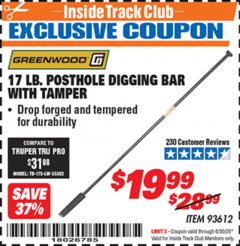 Harbor Freight ITC Coupon 17 LB. POSTHOLE DIGGING BAR WITH TAMPER Lot No. 61322/93612 Expired: 6/30/20 - $19.99