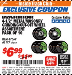 Harbor Freight ITC Coupon 4-1/2" METAL/MASONRY GRINDING/CUT-OFF WHEELS ASSORTED SET - PACK OF 10 Lot No. 47569/61177 Expired: 9/30/18 - $6.99