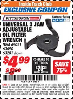 Harbor Freight ITC Coupon UNIVERSAL 3 JAW ADJUSTABLE OIL FILTER WRENCH Lot No. 69021/63690/63281 Expired: 6/30/18 - $4.99