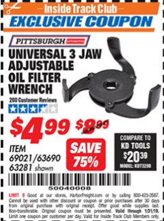 Harbor Freight ITC Coupon UNIVERSAL 3 JAW ADJUSTABLE OIL FILTER WRENCH Lot No. 69021/63690/63281 Expired: 1/31/19 - $4.99