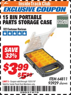Harbor Freight ITC Coupon 15 BIN PORTABLE PARTS STORAGE CASE Lot No. 93929 Expired: 10/31/19 - $3.99