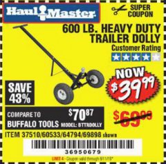 Harbor Freight Coupon HEAVY DUTY TRAILER DOLLY Lot No. 69898/37510/60533 Expired: 6/11/19 - $39.99