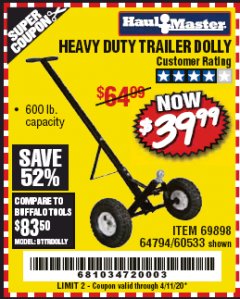 Harbor Freight Coupon HEAVY DUTY TRAILER DOLLY Lot No. 69898/37510/60533 Expired: 6/30/20 - $39.99