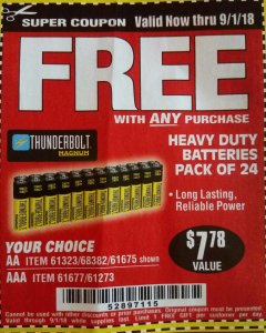 Harbor Freight FREE Coupon 24 PACK HEAVY DUTY BATTERIES Lot No. 61675/68382/61323/61677/68377/61273 Expired: 7/18/18 - FWP