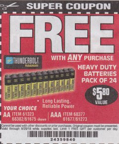 Harbor Freight FREE Coupon THUNDERBOLT MAGNUM ZINC CHLORIDE BATTERIES Lot No. 61675/61676/61274/61679/61677/61273/68383 Expired: 8/29/18 - FWP