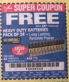 Harbor Freight FREE Coupon 24 PACK HEAVY DUTY BATTERIES Lot No. 61675/68382/61323/61677/68377/61273 Expired: 2/5/19 - FWP