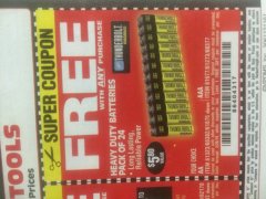 Harbor Freight FREE Coupon 24 PACK HEAVY DUTY BATTERIES Lot No. 61675/68382/61323/61677/68377/61273 Expired: 3/26/19 - FWP
