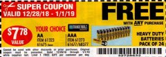 Harbor Freight FREE Coupon THUNDERBOLT MAGNUM ZINC CHLORIDE BATTERIES Lot No. 61675/61676/61274/61679/61677/61273/68383 Expired: 1/1/19 - FWP