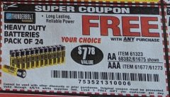 Harbor Freight FREE Coupon 24 PACK HEAVY DUTY BATTERIES Lot No. 61675/68382/61323/61677/68377/61273 Expired: 4/6/19 - FWP