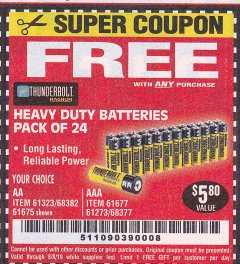 Harbor Freight FREE Coupon 24 PACK HEAVY DUTY BATTERIES Lot No. 61675/68382/61323/61677/68377/61273 Expired: 8/8/19 - FWP