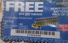 Harbor Freight FREE Coupon THUNDERBOLT MAGNUM ZINC CHLORIDE BATTERIES Lot No. 61675/61676/61274/61679/61677/61273/68383 Expired: 10/1/19 - FWP