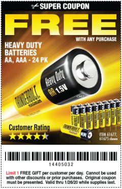 Harbor Freight FREE Coupon 24 PACK HEAVY DUTY BATTERIES Lot No. 61675/68382/61323/61677/68377/61273 Expired: 1/26/20 - FWP