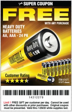 Harbor Freight FREE Coupon THUNDERBOLT MAGNUM ZINC CHLORIDE BATTERIES Lot No. 61675/61676/61274/61679/61677/61273/68383 Expired: 1/26/20 - FWP