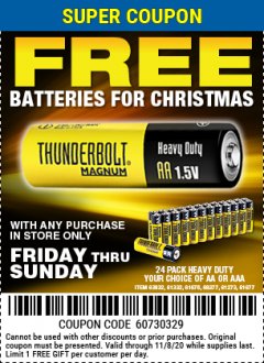 Harbor Freight FREE Coupon THUNDERBOLT MAGNUM ZINC CHLORIDE BATTERIES Lot No. 61675/61676/61274/61679/61677/61273/68383 Expired: 11/8/20 - FWP