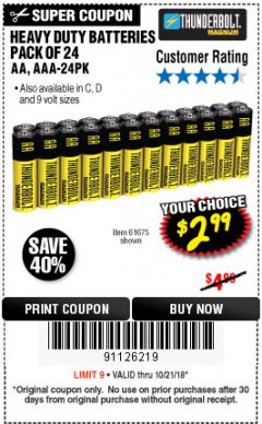 Harbor Freight Coupon 24 PACK HEAVY DUTY BATTERIES Lot No. 61675/68382/61323/61677/68377/61273 Expired: 10/22/18 - $2.99