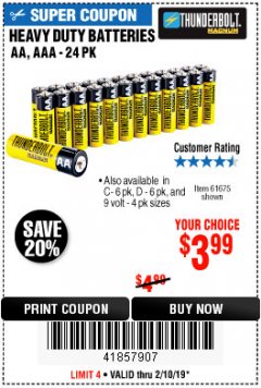 Harbor Freight Coupon 24 PACK HEAVY DUTY BATTERIES Lot No. 61675/68382/61323/61677/68377/61273 Expired: 2/10/19 - $3.99