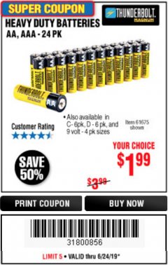 Harbor Freight Coupon 24 PACK HEAVY DUTY BATTERIES Lot No. 61675/68382/61323/61677/68377/61273 Expired: 6/24/19 - $1.99