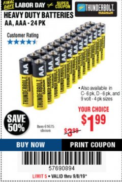 Harbor Freight Coupon 24 PACK HEAVY DUTY BATTERIES Lot No. 61675/68382/61323/61677/68377/61273 Expired: 9/8/19 - $1.99