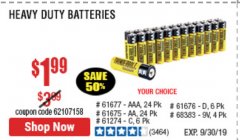 Harbor Freight Coupon THUNDERBOLT MAGNUM ZINC CHLORIDE BATTERIES Lot No. 61675/61676/61274/61679/61677/61273/68383 Expired: 9/30/19 - $1.99