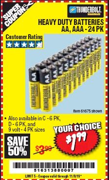 Harbor Freight Coupon 24 PACK HEAVY DUTY BATTERIES Lot No. 61675/68382/61323/61677/68377/61273 Expired: 11/9/19 - $1.99