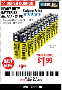 Harbor Freight Coupon THUNDERBOLT MAGNUM ZINC CHLORIDE BATTERIES Lot No. 61675/61676/61274/61679/61677/61273/68383 Expired: 1/1/20 - $1.99