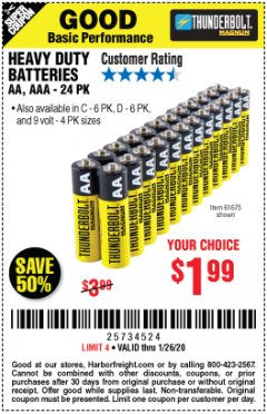 Harbor Freight Coupon THUNDERBOLT MAGNUM ZINC CHLORIDE BATTERIES Lot No. 61675/61676/61274/61679/61677/61273/68383 Expired: 1/26/20 - $1.99