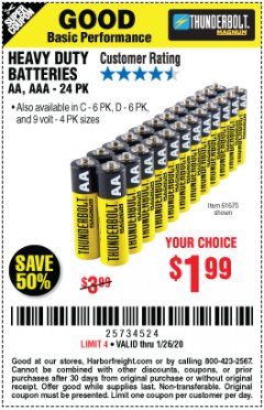 Harbor Freight Coupon 24 PACK HEAVY DUTY BATTERIES Lot No. 61675/68382/61323/61677/68377/61273 Expired: 1/26/20 - $1.99