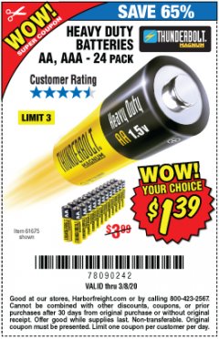 Harbor Freight Coupon 24 PACK HEAVY DUTY BATTERIES Lot No. 61675/68382/61323/61677/68377/61273 Expired: 3/8/20 - $1.39
