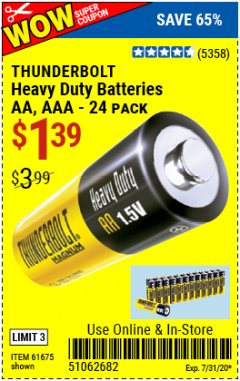 Harbor Freight Coupon 24 PACK HEAVY DUTY BATTERIES Lot No. 61675/68382/61323/61677/68377/61273 Expired: 7/31/20 - $1.39