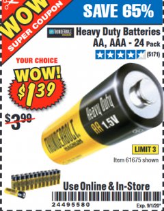 Harbor Freight Coupon 24 PACK HEAVY DUTY BATTERIES Lot No. 61675/68382/61323/61677/68377/61273 Expired: 9/1/20 - $1.39