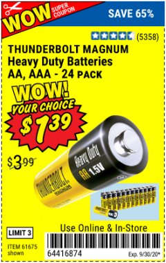 Harbor Freight Coupon 24 PACK HEAVY DUTY BATTERIES Lot No. 61675/68382/61323/61677/68377/61273 Expired: 9/30/20 - $1.39