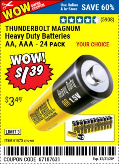Harbor Freight Coupon 24 PACK HEAVY DUTY BATTERIES Lot No. 61675/68382/61323/61677/68377/61273 Expired: 12/31/20 - $1.39
