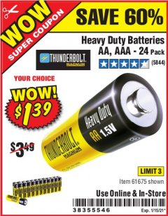 Harbor Freight Coupon 24 PACK HEAVY DUTY BATTERIES Lot No. 61675/68382/61323/61677/68377/61273 Expired: 1/15/21 - $1.39