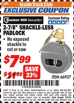 Harbor Freight ITC Coupon 2-7/8" SHACKLE-LESS PADLOCK Lot No. 66937 Expired: 7/31/18 - $7.99