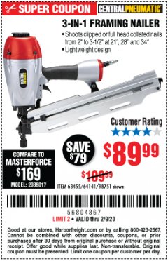 Harbor Freight Coupon 3-IN-1 FRAMING NAILER Lot No. 63455/64141/98751 Expired: 2/9/20 - $89.99