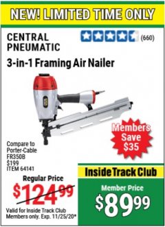 Harbor Freight Coupon 3-IN-1 FRAMING NAILER Lot No. 63455/64141/98751 Expired: 11/25/20 - $89.99