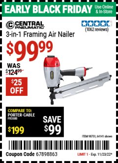 Harbor Freight Coupon 3-IN-1 FRAMING NAILER Lot No. 63455/64141/98751 Expired: 11/23/22 - $99.99