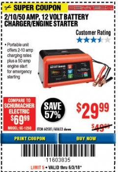 Harbor Freight Coupon 12 VOLT, 2/10/50 AMP BATTERY CHARGER/ENGINE STARTER Lot No. 66783/60581/60653/62334 Expired: 6/3/18 - $29.99