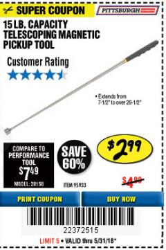 Harbor Freight Coupon 15 LB. CAPACITY TELESCOPING MAGNETIC PICKUP TOOL Lot No. 64656/95933 Expired: 5/31/18 - $2.99