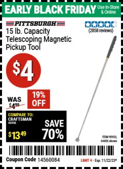 Harbor Freight Coupon 15 LB. CAPACITY TELESCOPING MAGNETIC PICKUP TOOL Lot No. 64656/95933 Expired: 11/22/23 - $0.04